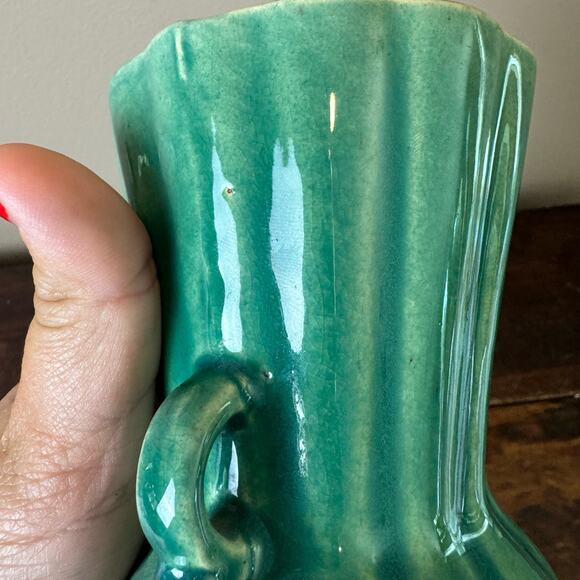 Vintage 40s 50s 60s McCoy Green Blue Turquoise Teal Double Handle Urn Vase - Picture 7 of 9